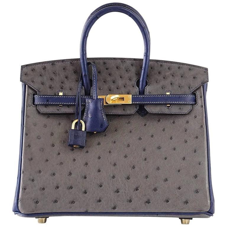 Birkin 25 Bag HSS Ostrich Gris Agate/Blue Sapphire Brushed Gold