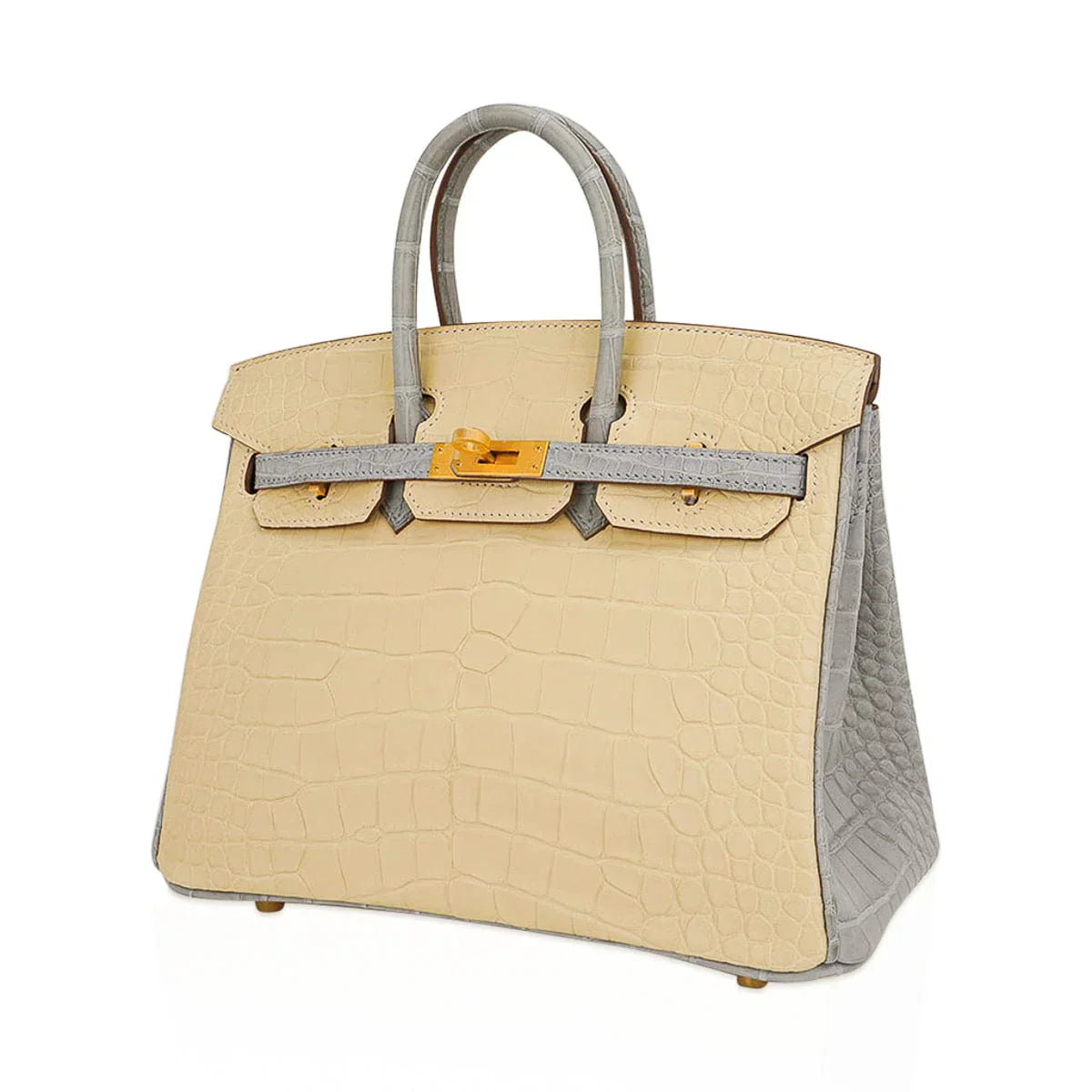 Special Order HSS Birkin 25 Bag in Matte Alligator Vanille and Gris Pearl Alligator with Brushed Gold Hardware