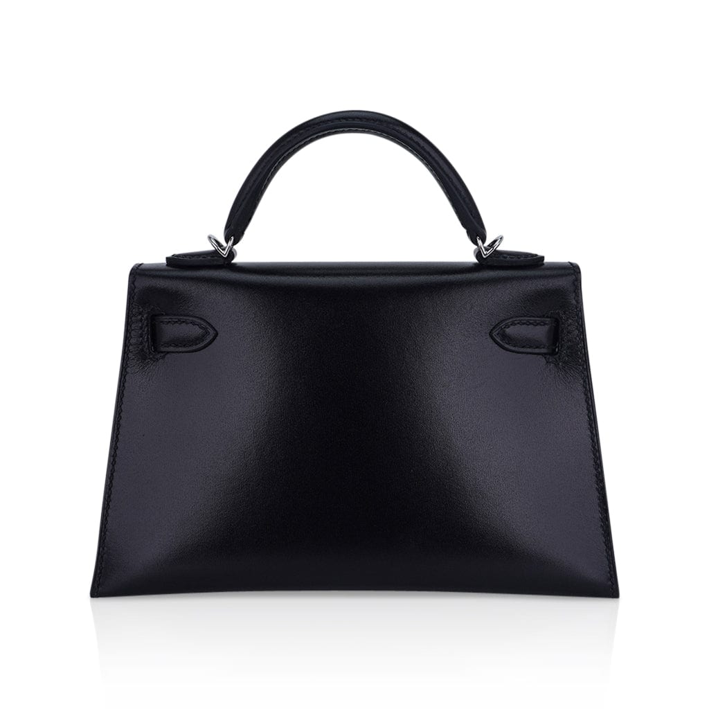 Kelly 20 Sellier Black Box Leather Mini Bag Palladium Hardware