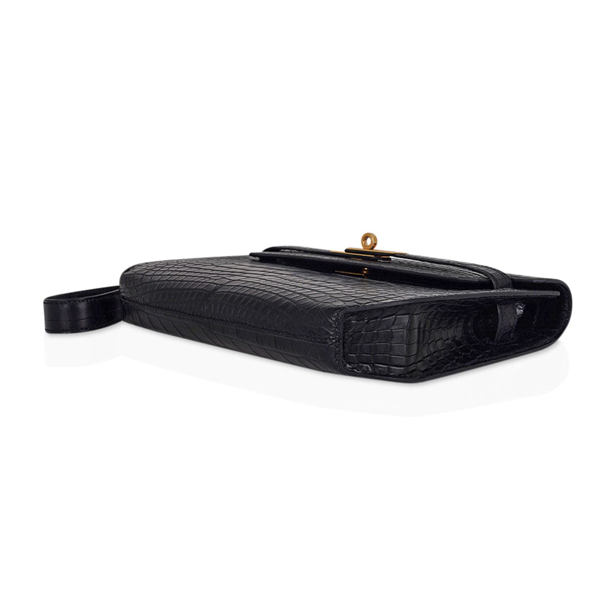 Kelly Depeches 25 Pouch Black Matte Alligator Gold Hardware New