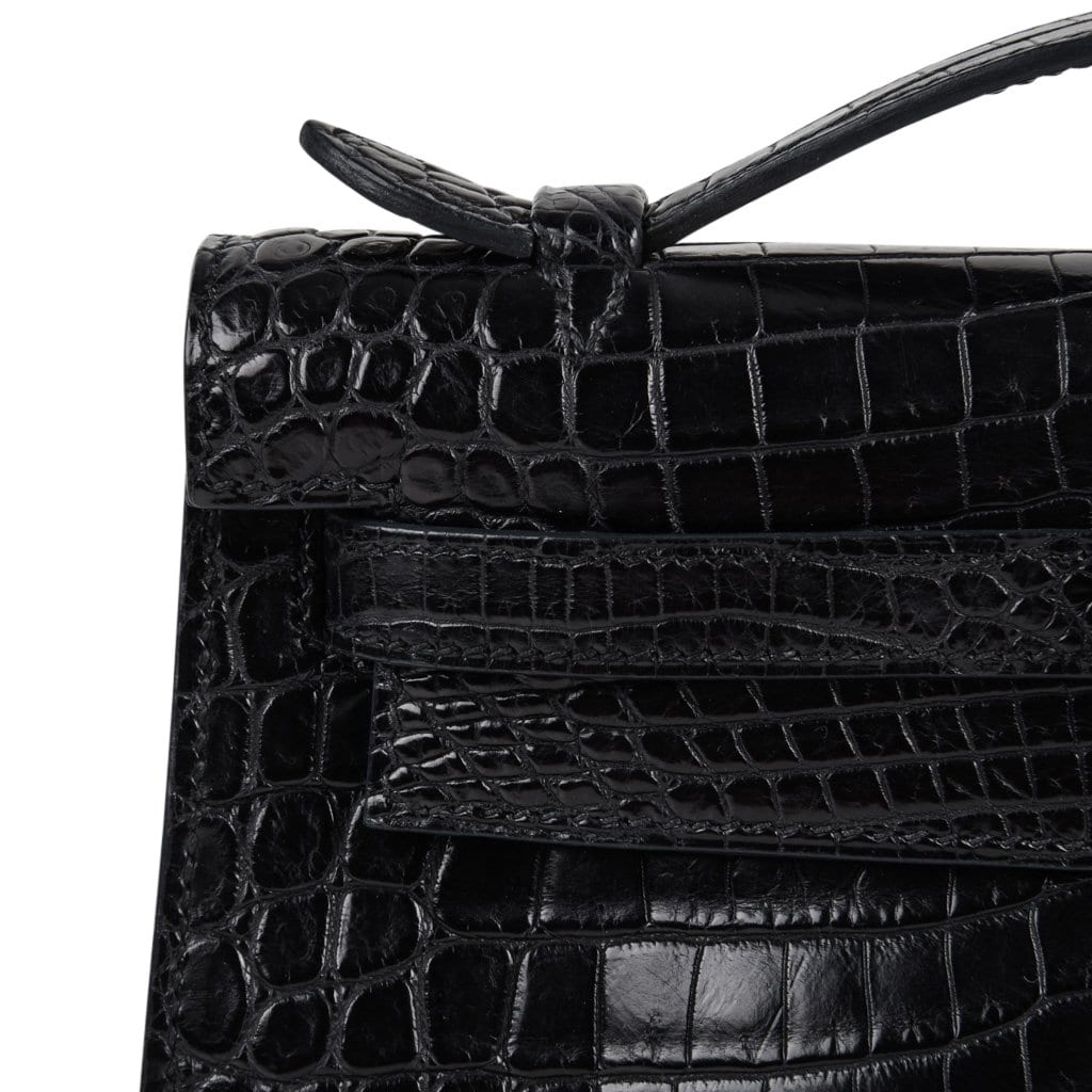 Kelly Pochette Bag Matte Black Crocodile Clutch Palladium