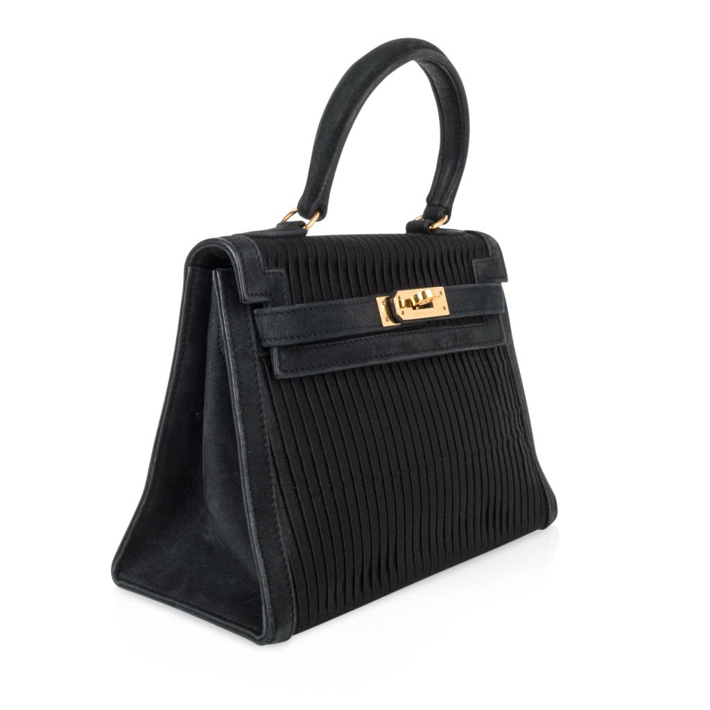 Kelly 20 Mini Vintage Bag Black Pleated Silk Suede Trim Gold Hardware